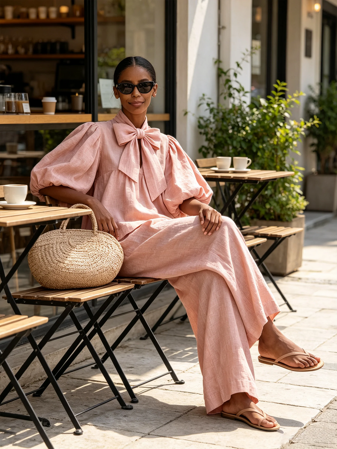 Rosemarie | Bow Tie Puff Sleeve Top and Wide-Leg Pants Set