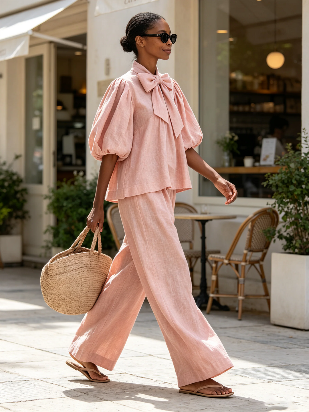 Rosemarie | Bow Tie Puff Sleeve Top and Wide-Leg Pants Set