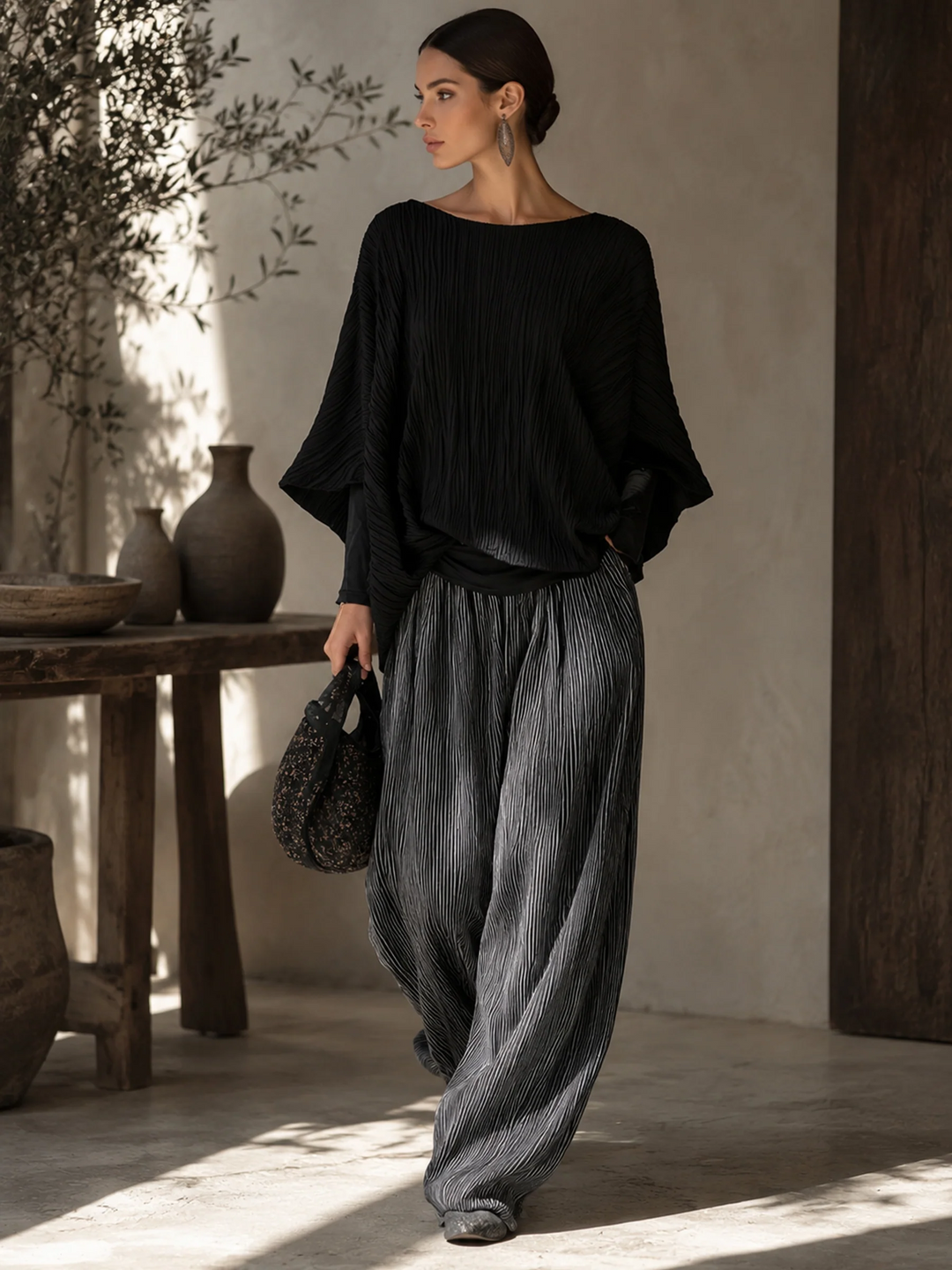 Odalys Marie | Pleated Batwing Top and Wide-Leg Pants Set