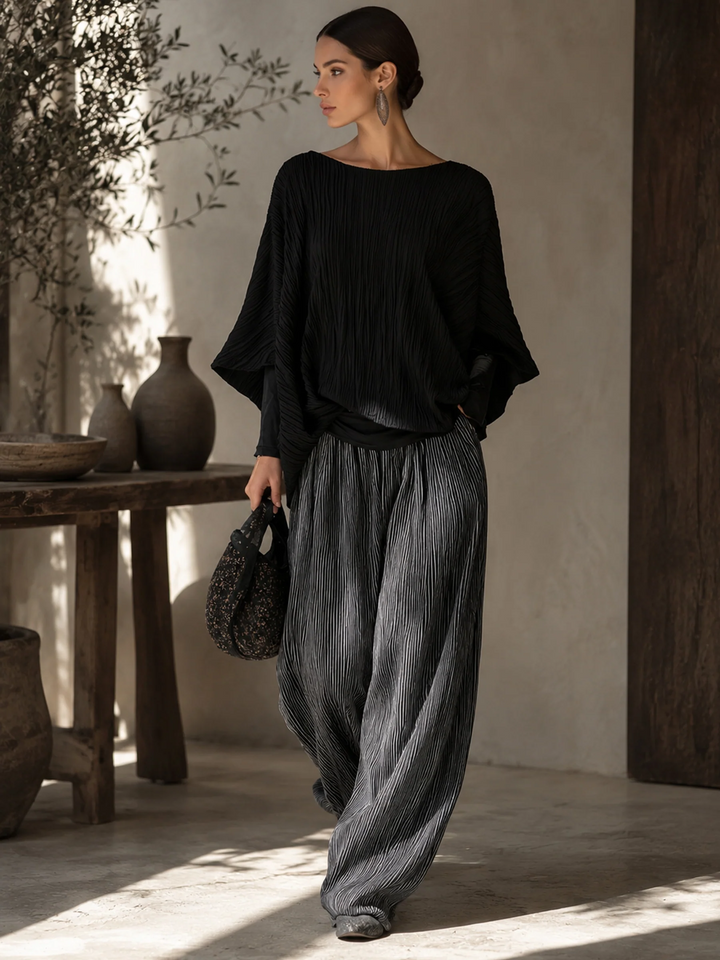 Odalys Marie | Pleated Batwing Top and Wide-Leg Pants Set