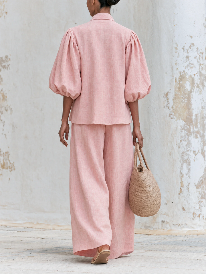 Rosemarie | Bow Tie Puff Sleeve Top and Wide-Leg Pants Set