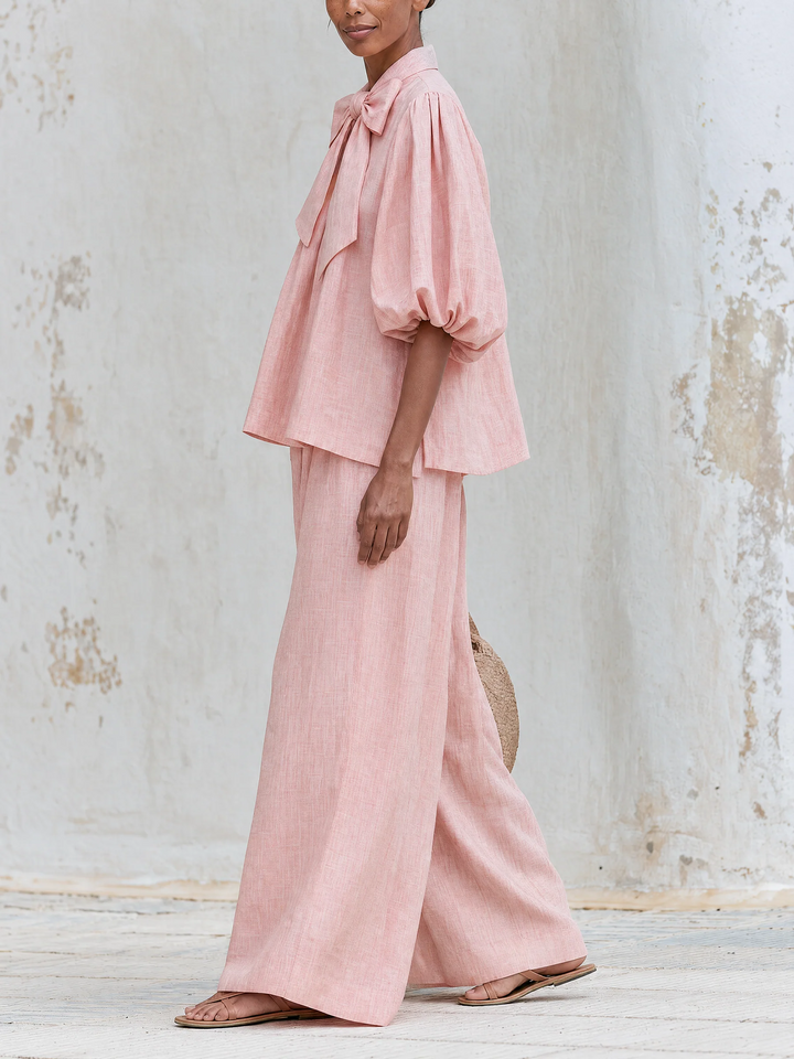 Rosemarie | Bow Tie Puff Sleeve Top and Wide-Leg Pants Set