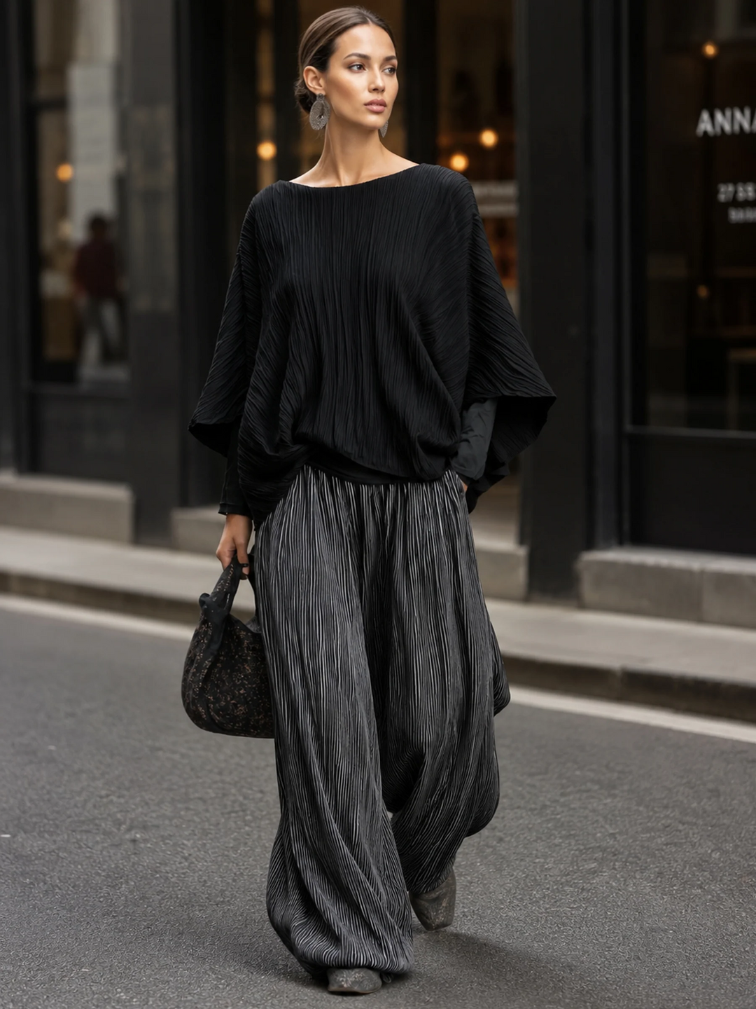 Odalys Marie | Pleated Batwing Top and Wide-Leg Pants Set