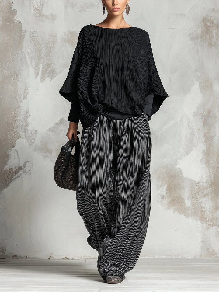 Odalys Marie | Pleated Batwing Top and Wide-Leg Pants Set