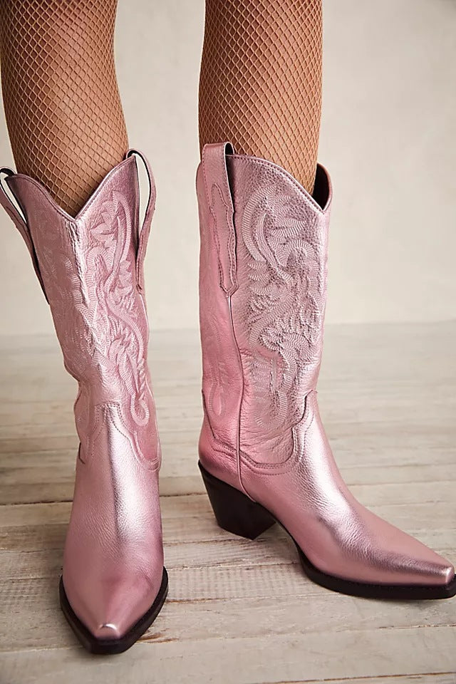 Black Embroidered Pointed Toe Western Boots