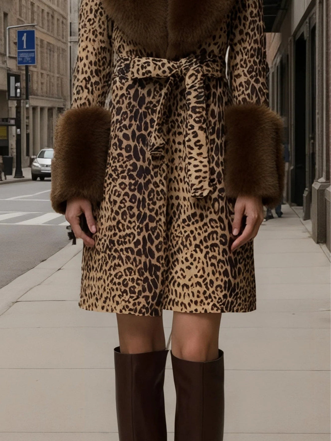 Leopard Print Wrap Coat with Faux Fur Trim