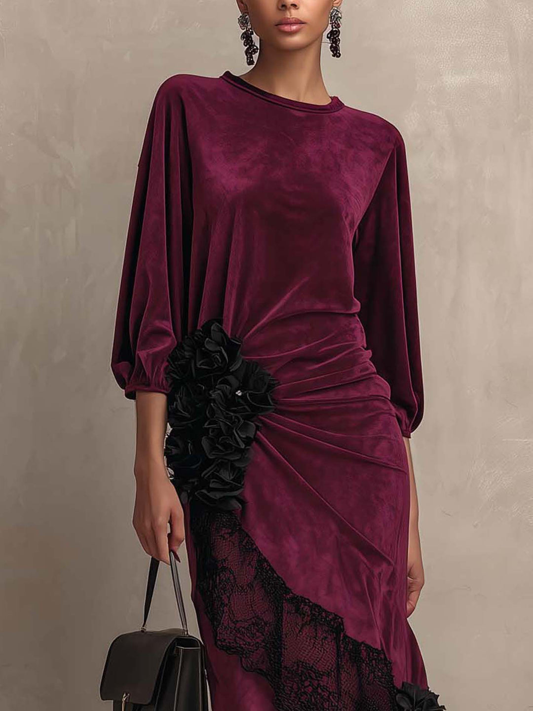 Vesper Anne | Burgundy Velvet Ruffle Lace Maxi Dress