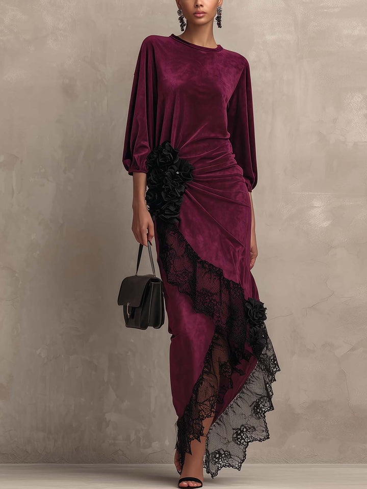 Vesper Anne | Burgundy Velvet Ruffle Lace Maxi Dress