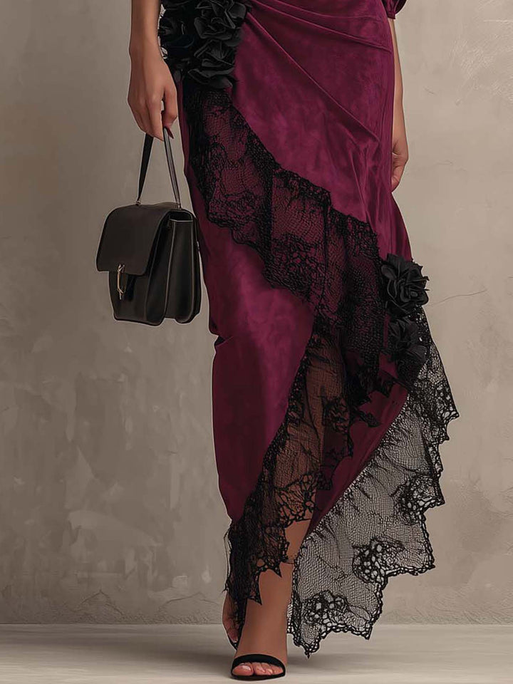 Vesper Anne | Burgundy Velvet Ruffle Lace Maxi Dress