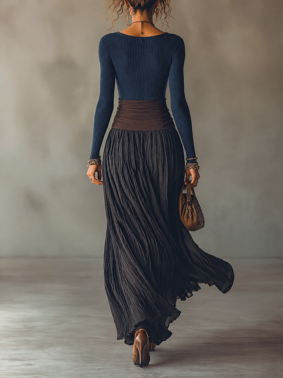 Delphine Rae | Ribbed Knit Top and Pleated Skirt Set