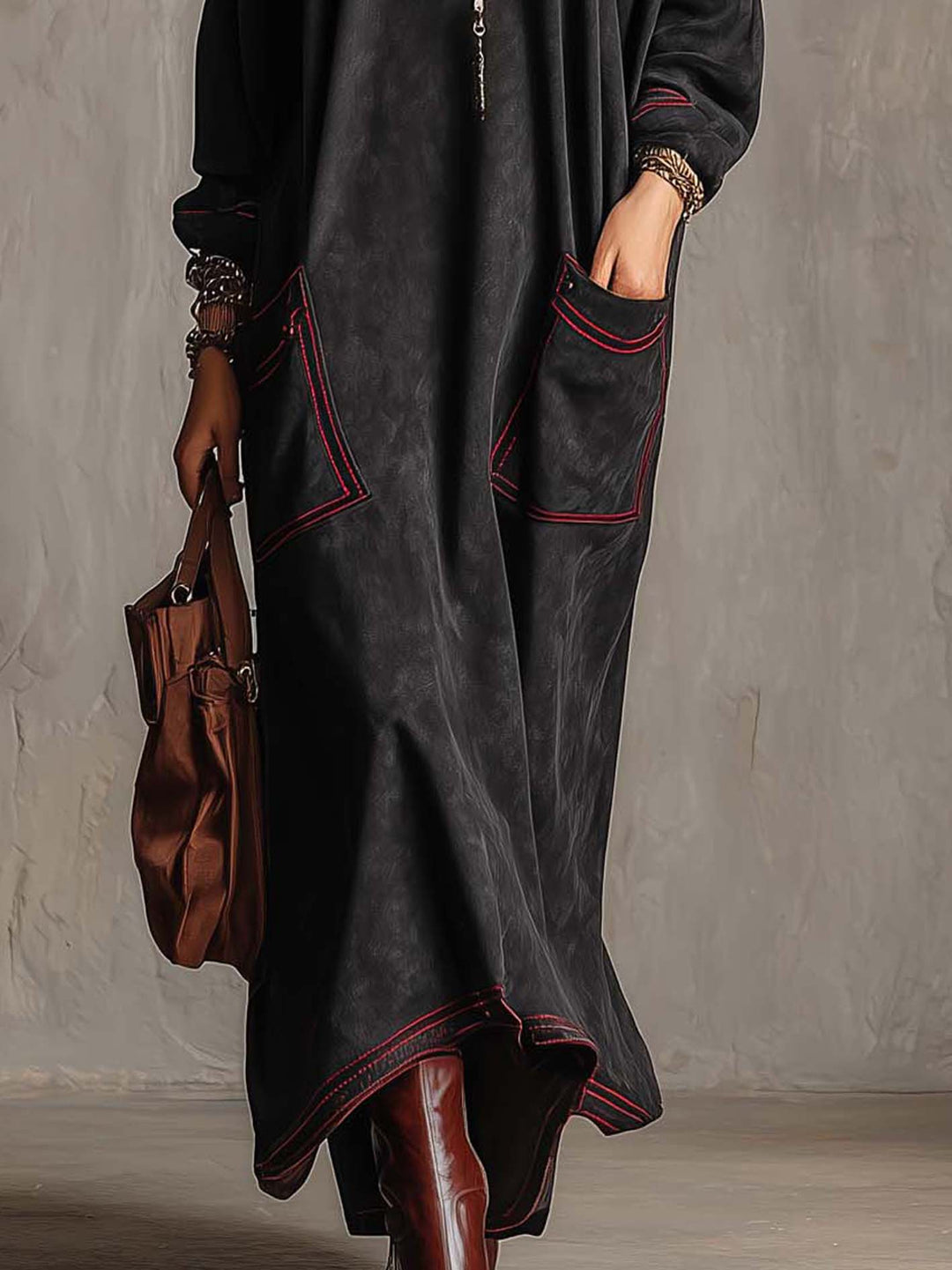 Marisol Fontaine | Black Faux Suede Mock Neck Sweater Dress