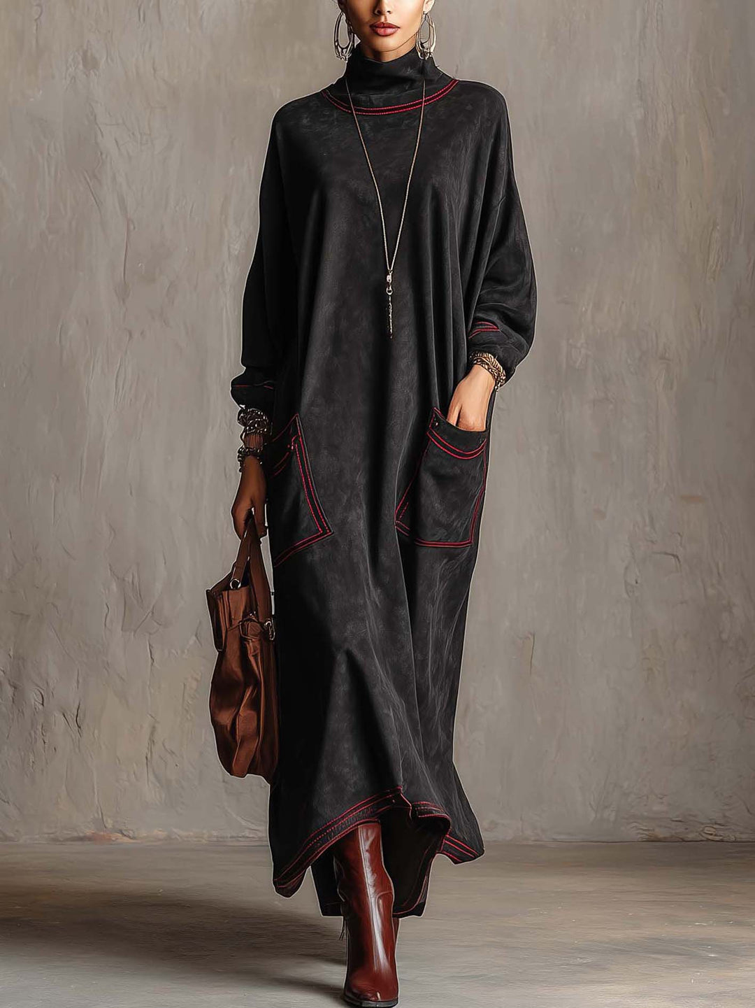 Marisol Fontaine | Black Faux Suede Mock Neck Sweater Dress