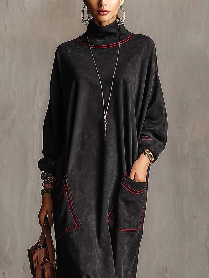 Marisol Fontaine | Black Faux Suede Mock Neck Sweater Dress