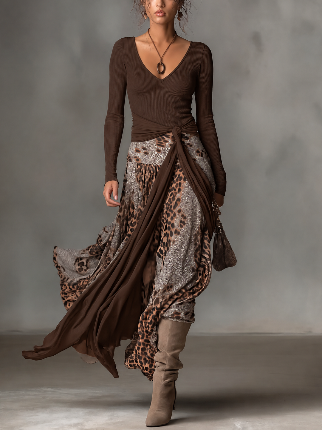 Odalys Wren | Ribbed Top and Leopard Wrap Maxi Skirt Set