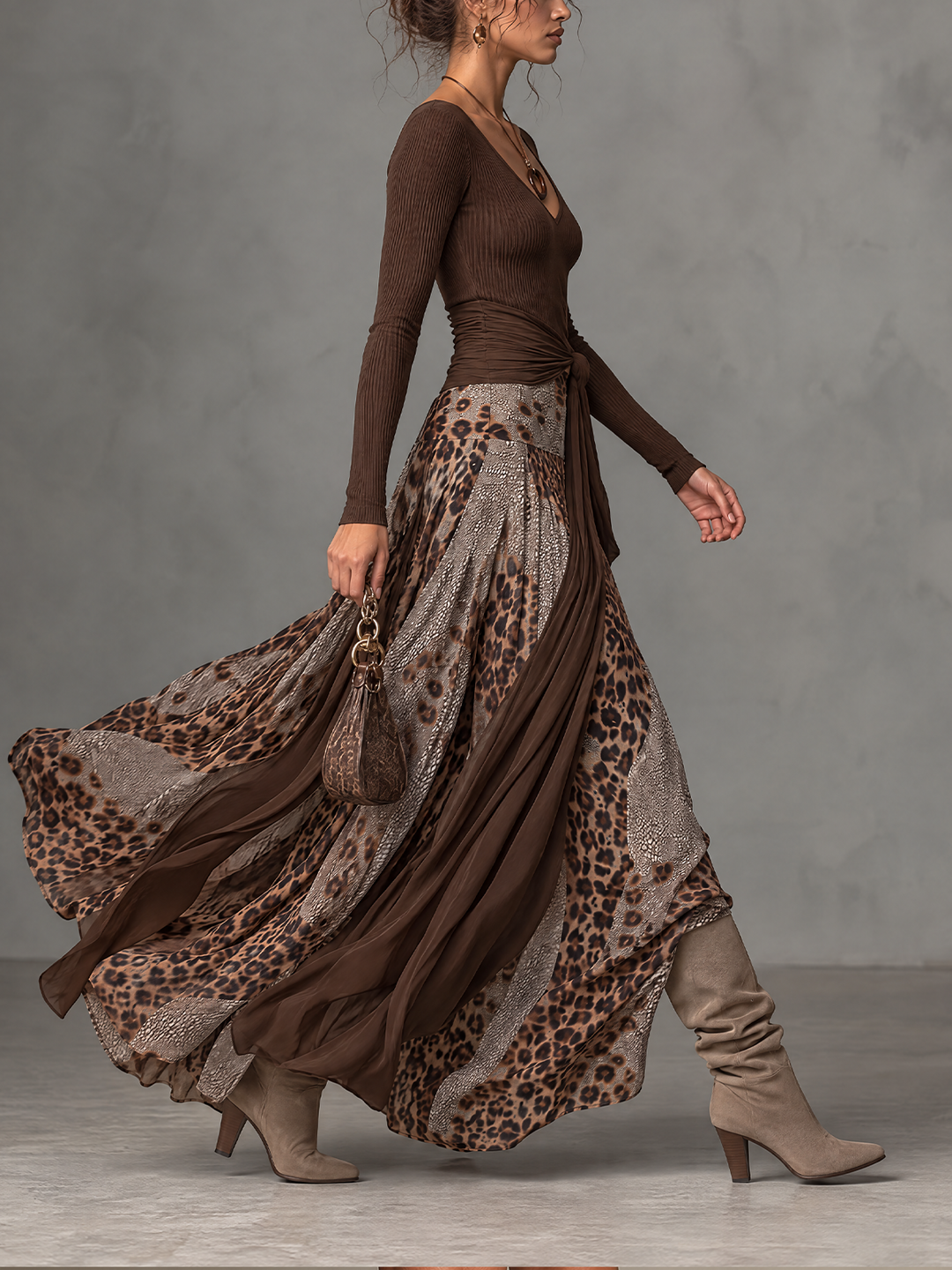 Odalys Wren | Ribbed Top and Leopard Wrap Maxi Skirt Set