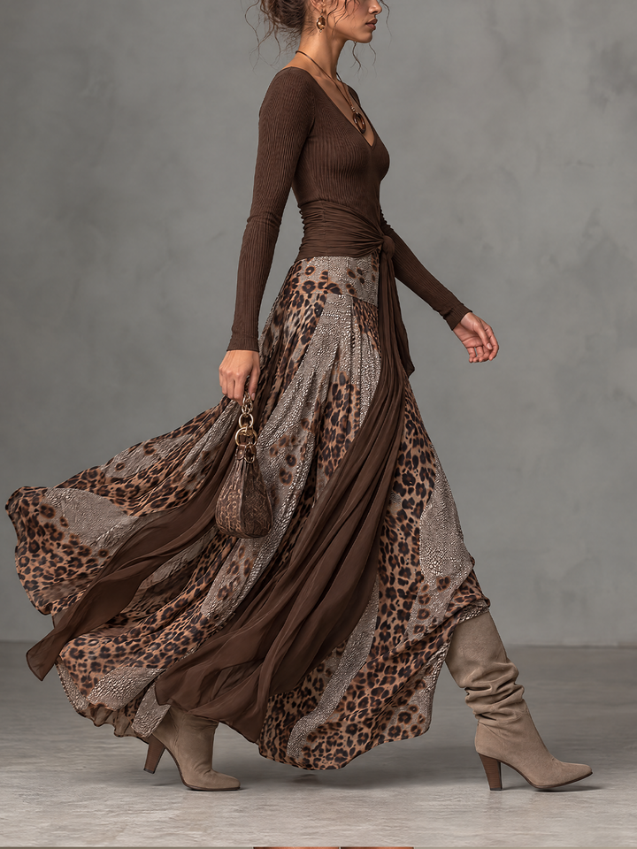 Odalys Wren | Ribbed Top and Leopard Wrap Maxi Skirt Set