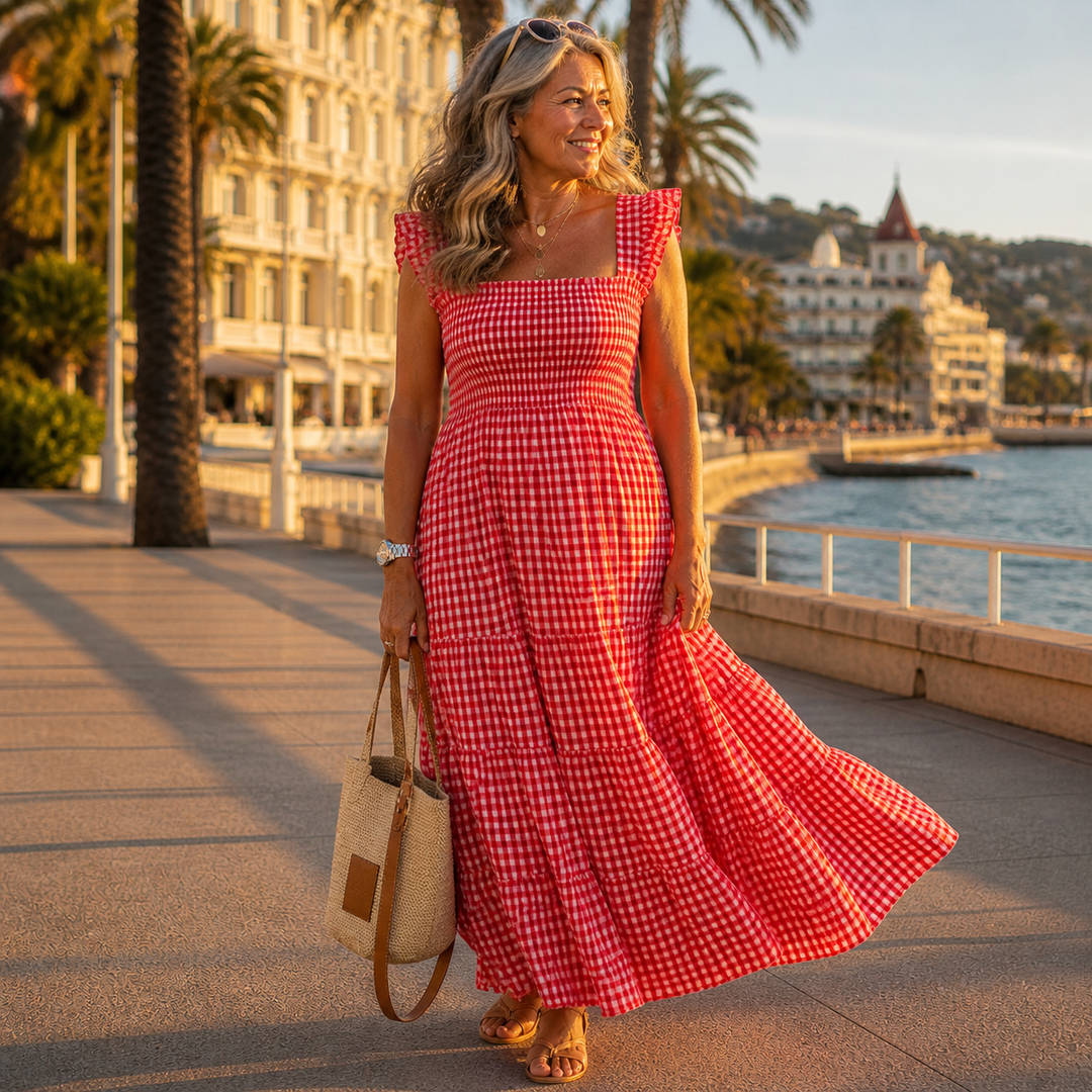 Genevieve | Gingham Plaid Smocked Maxi Dress with Cap Sleeves