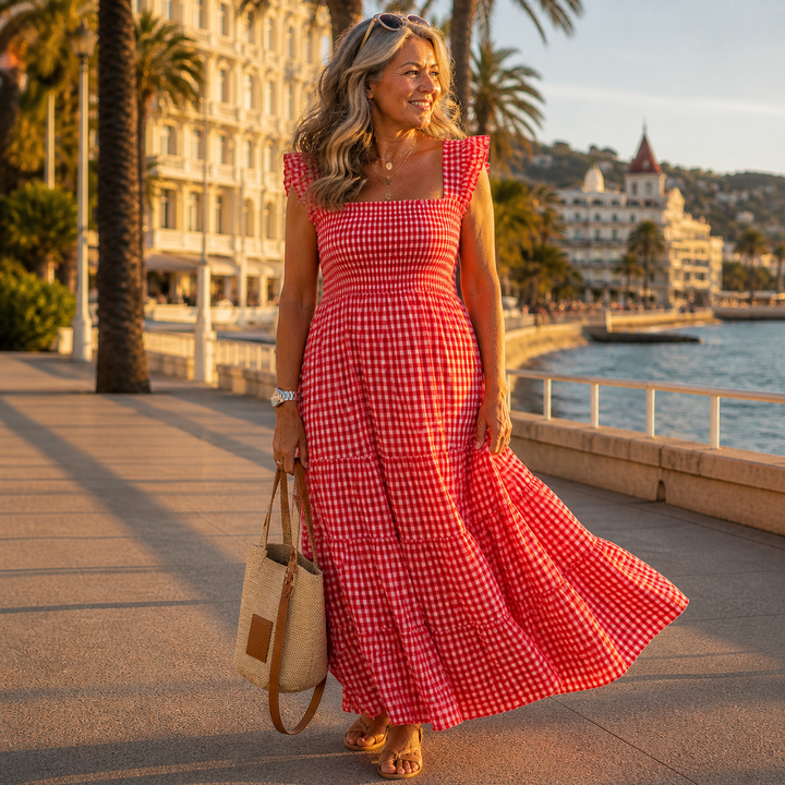 Genevieve | Gingham Plaid Smocked Maxi Dress with Cap Sleeves