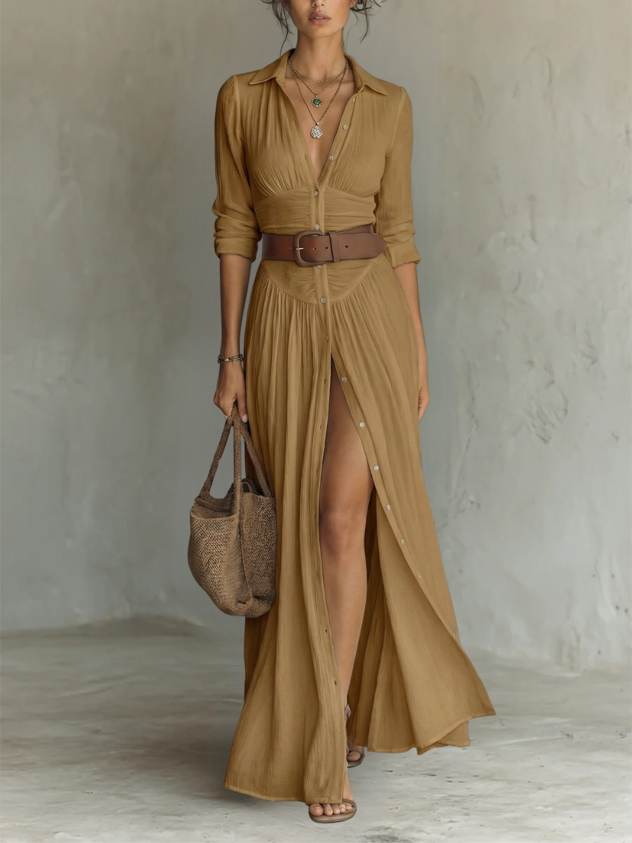 Anneliese | Notched Collar Long Sleeve Maxi Dress