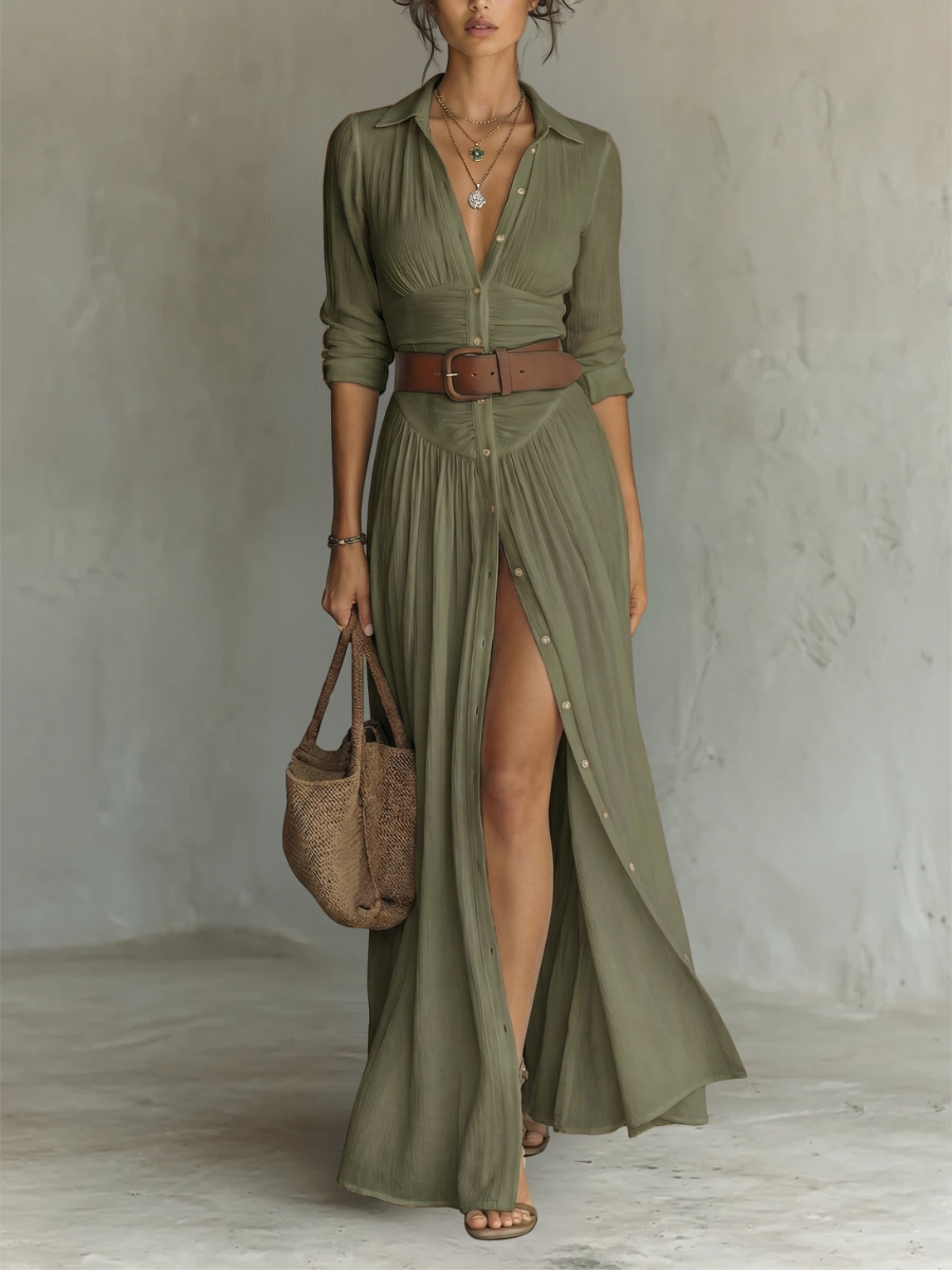 Anneliese | Notched Collar Long Sleeve Maxi Dress