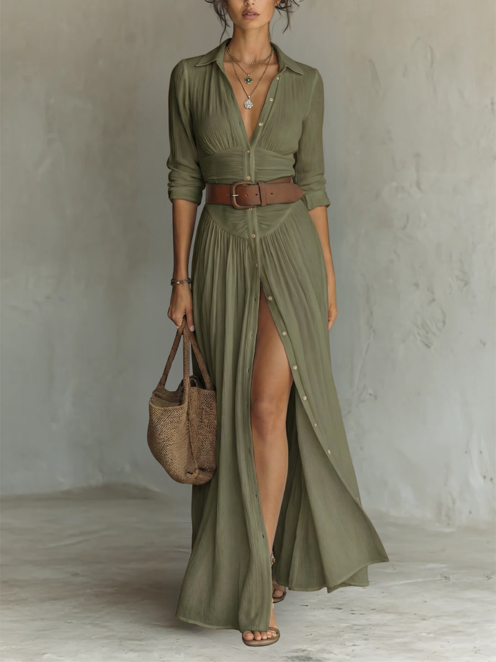 Anneliese | Notched Collar Long Sleeve Maxi Dress