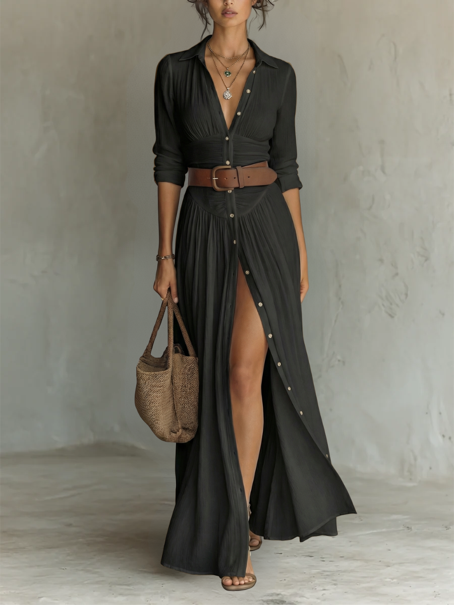Anneliese | Notched Collar Long Sleeve Maxi Dress