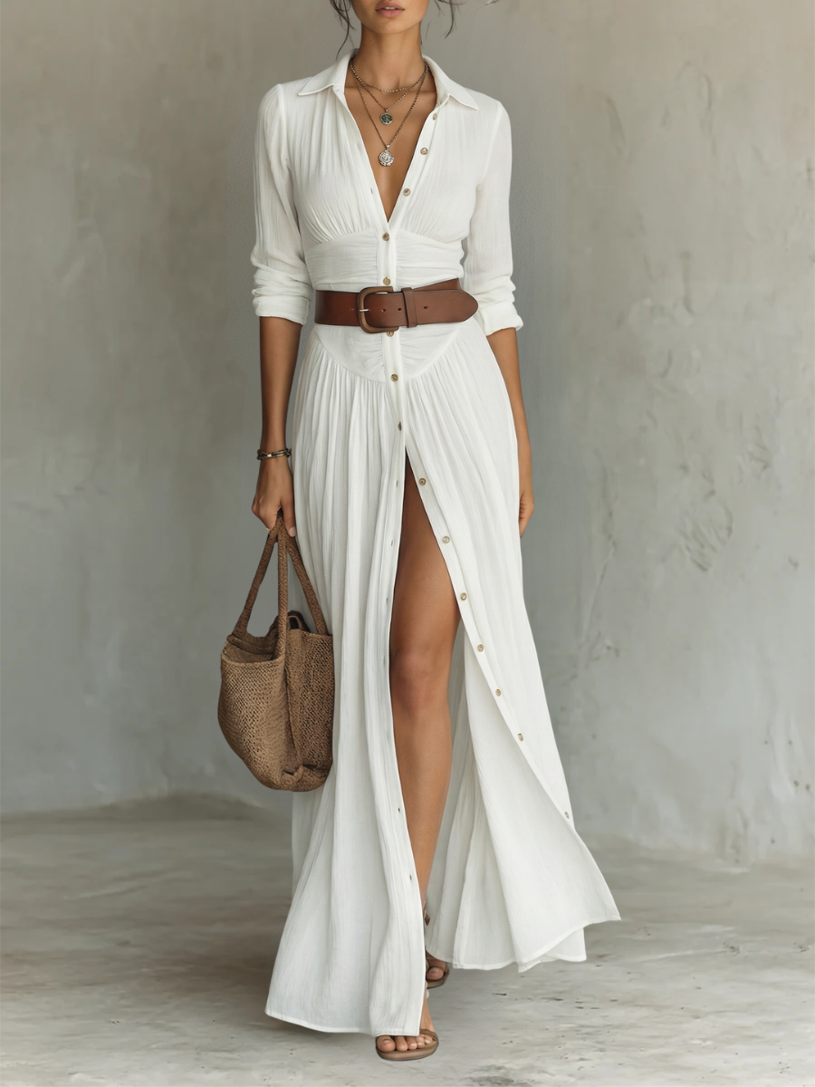 Anneliese | Notched Collar Long Sleeve Maxi Dress