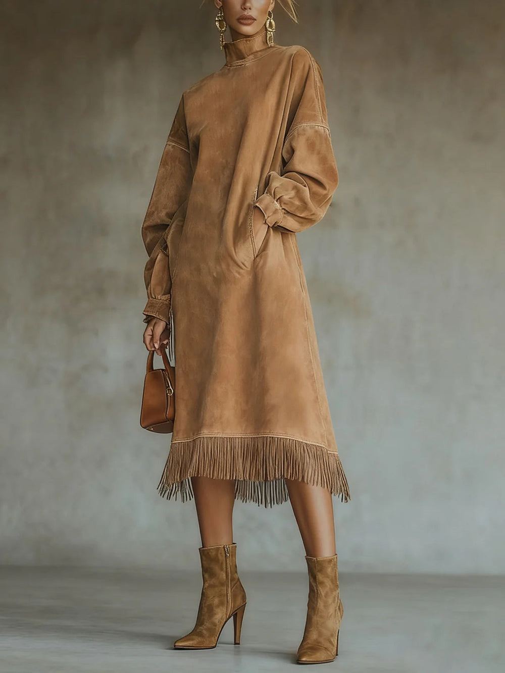 Genevieve Rae | Suede Turtleneck Fringe Maxi Dress