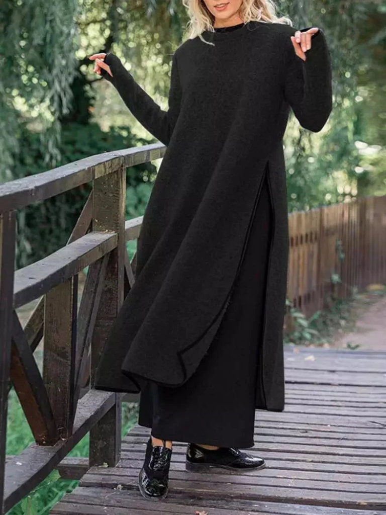 Genevieve | Long Sleeve Knit Maxi Dress with Side Slits