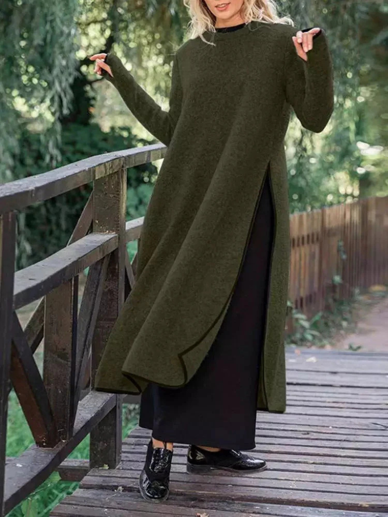 Genevieve | Long Sleeve Knit Maxi Dress with Side Slits