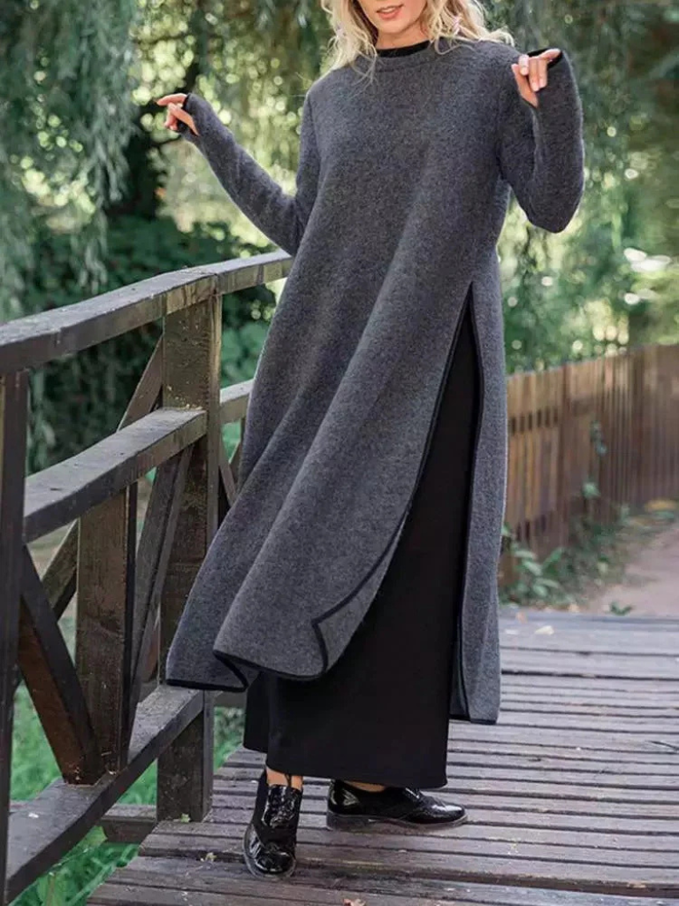 Genevieve | Long Sleeve Knit Maxi Dress with Side Slits