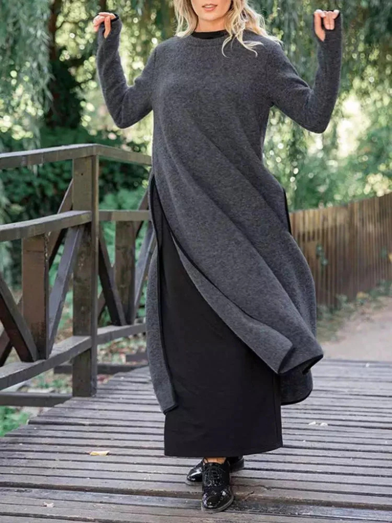 Genevieve | Long Sleeve Knit Maxi Dress with Side Slits
