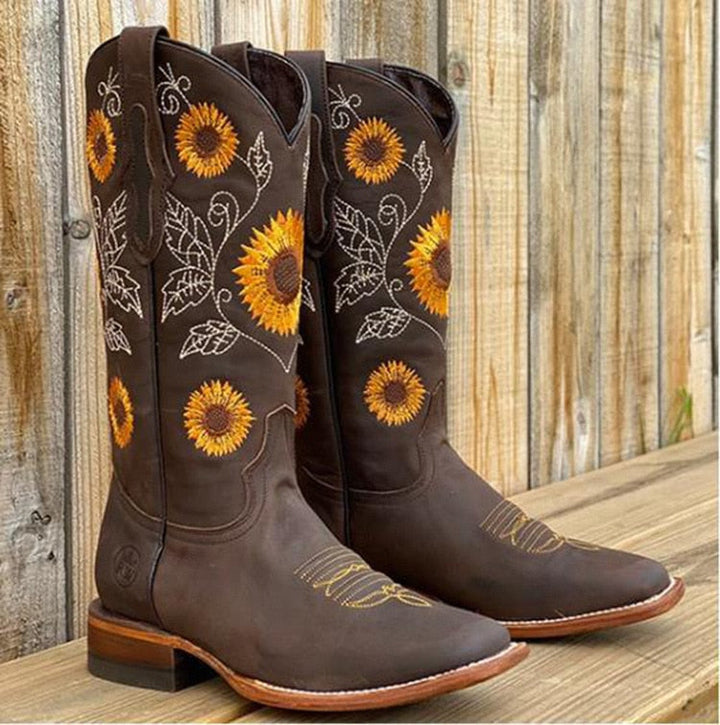 Delaney | Leather Boots with Sunflower Pattern