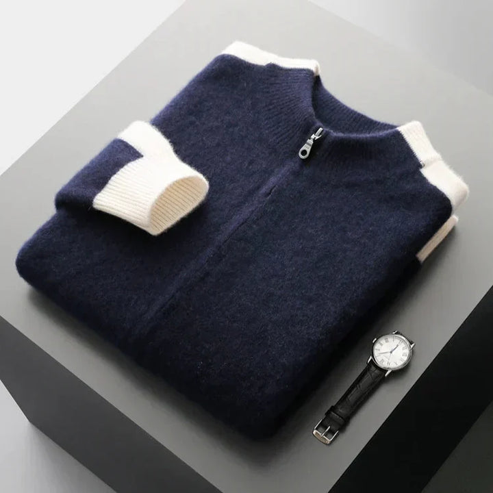 Lorenzo | Cashmere Zip-Up Bomber Sweater with Contrast Rib Trim
