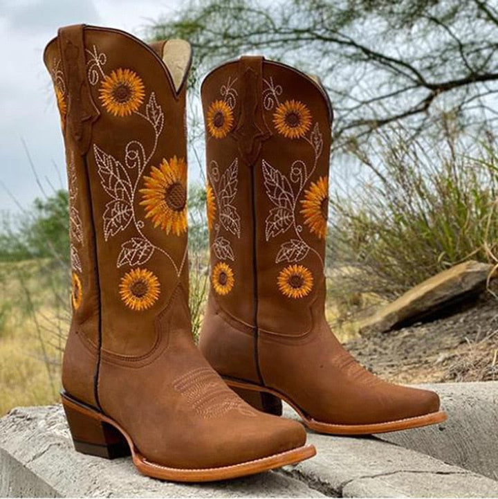 Delaney | Leather Boots with Sunflower Pattern