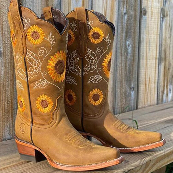 Delaney | Leather Boots with Sunflower Pattern