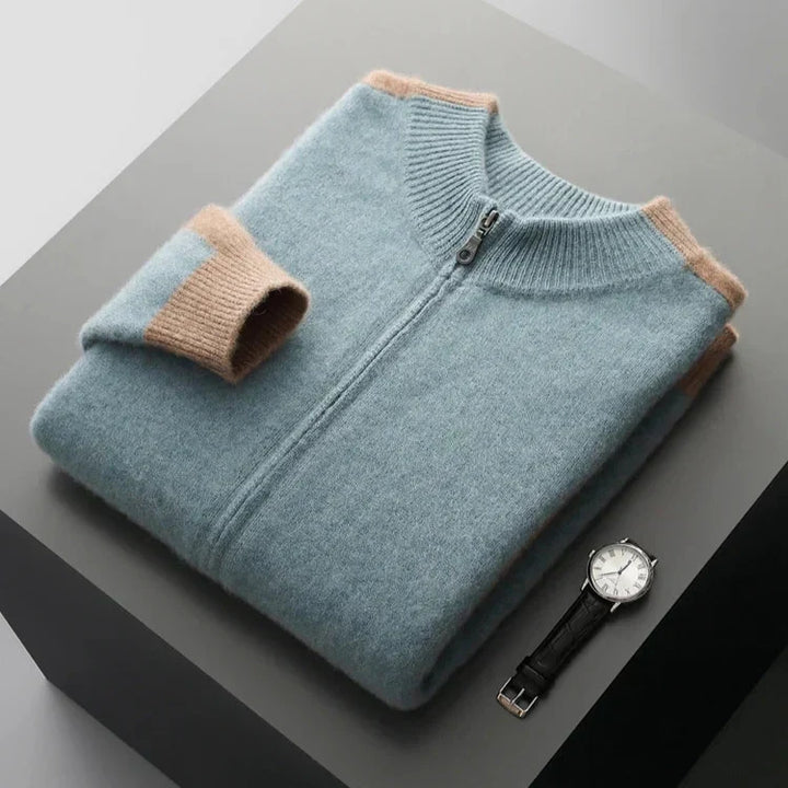 Lorenzo | Cashmere Zip-Up Bomber Sweater with Contrast Rib Trim