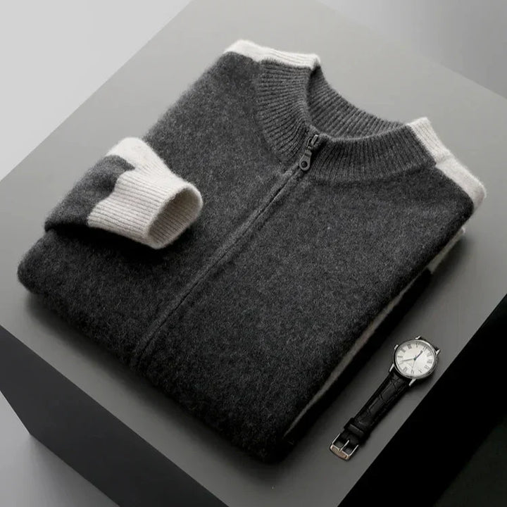 Lorenzo | Cashmere Zip-Up Bomber Sweater with Contrast Rib Trim