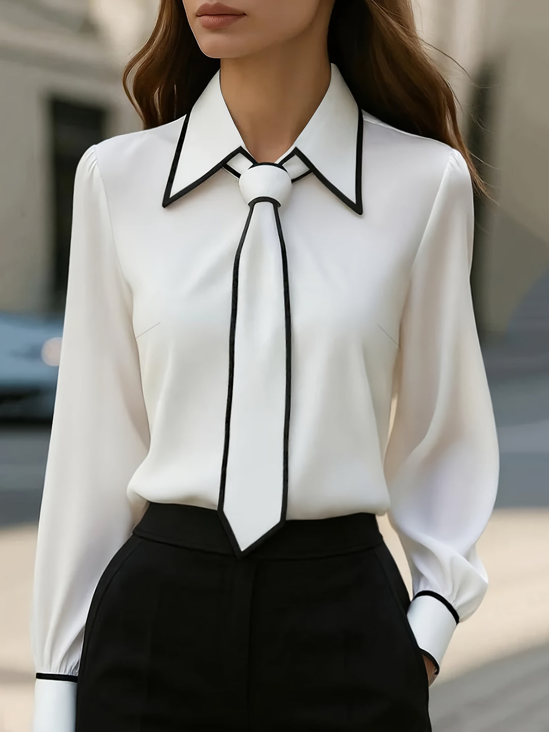 Emma | Tie Neck Contrast Collar Blouse