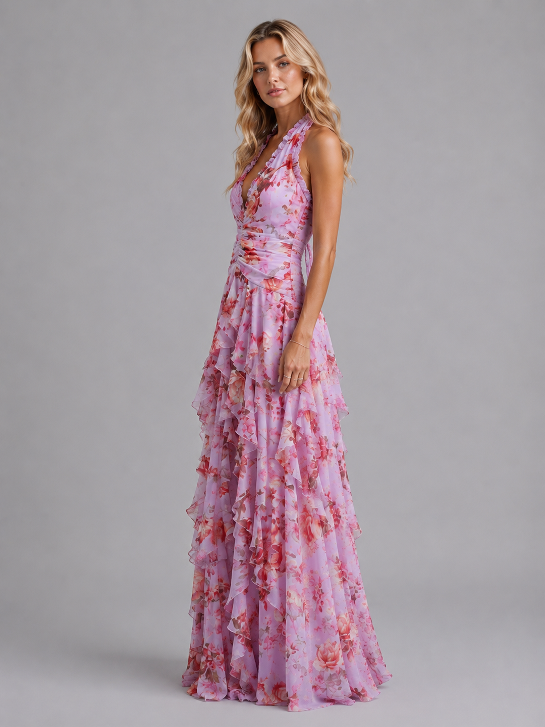 Genevieve | Floral Halter Maxi Wedding Guest Dress with Tiered Skirt