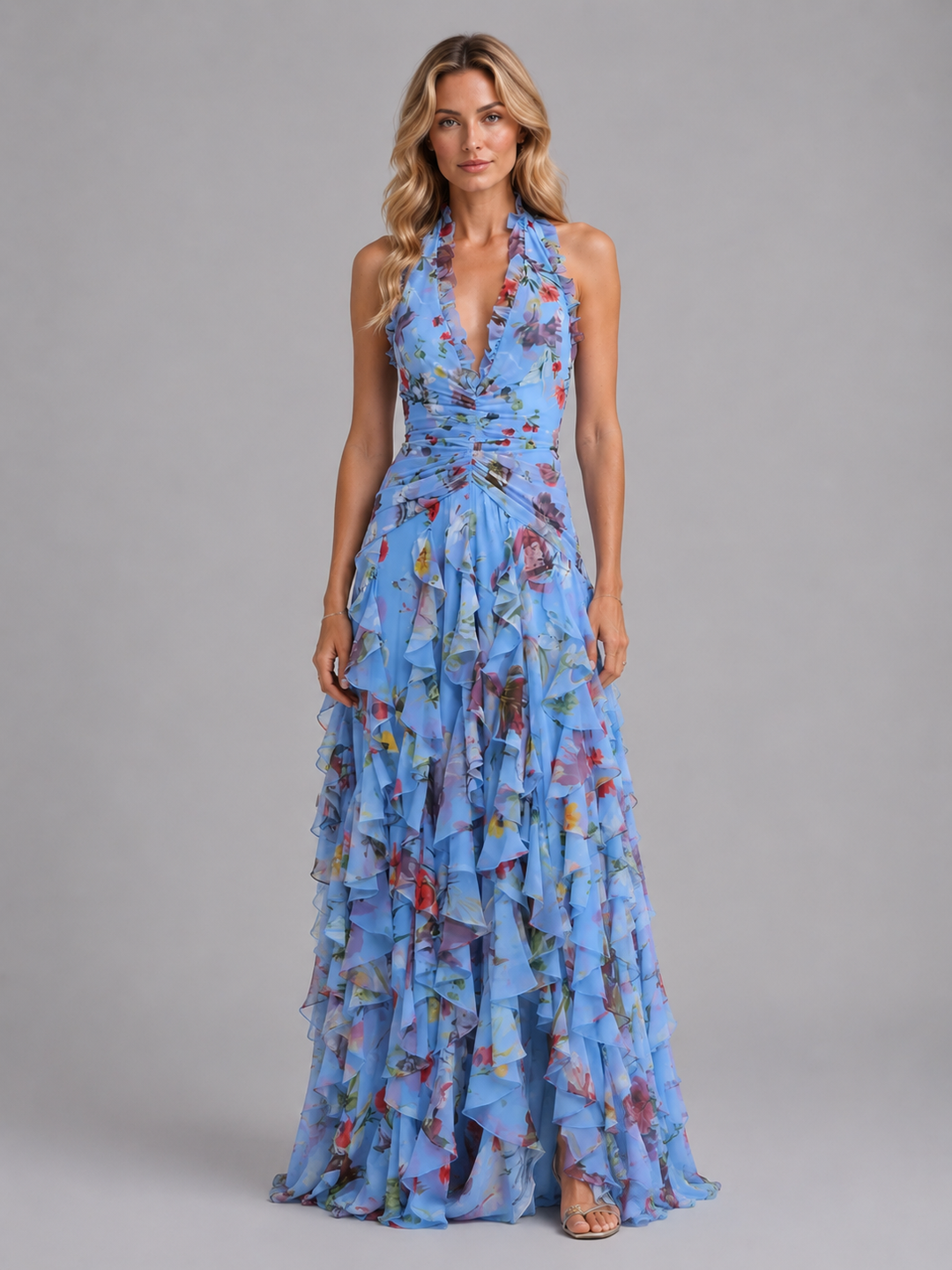 Genevieve | Floral Halter Maxi Wedding Guest Dress with Tiered Skirt
