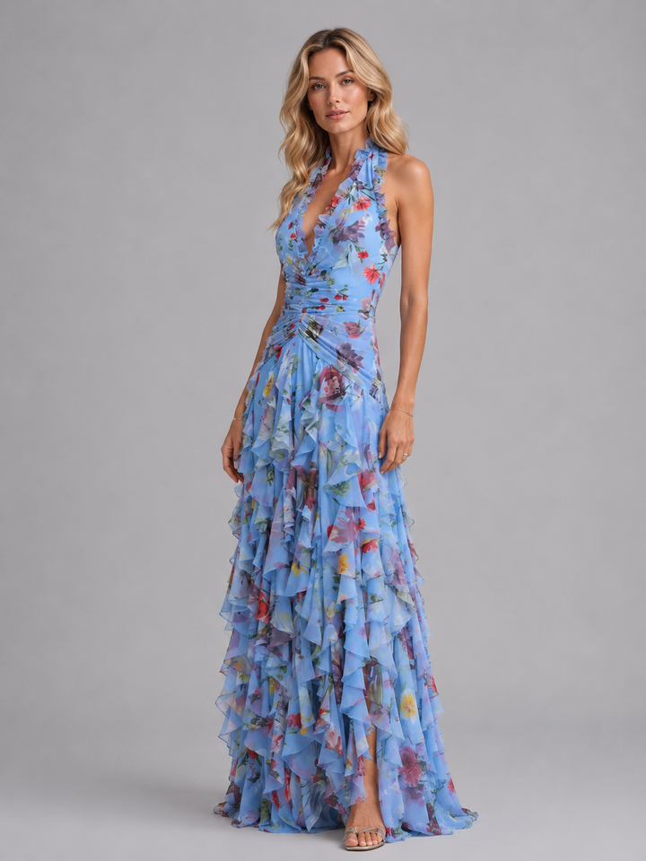 Genevieve | Floral Halter Maxi Wedding Guest Dress with Tiered Skirt