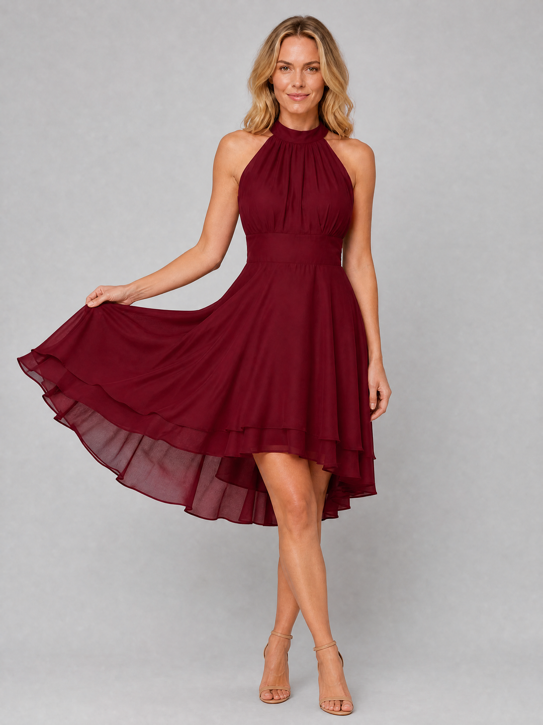 Isolde | Halter Neck Layered Hem Wedding Guest Dress