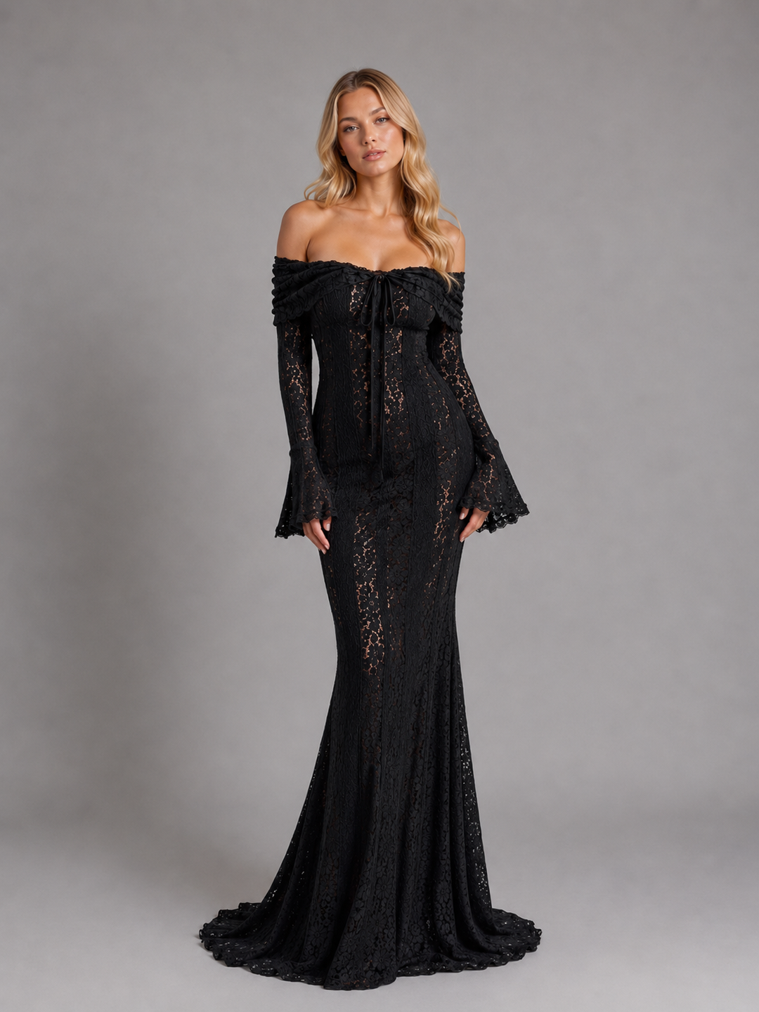 Rosalind | Off-Shoulder Lace Long Sleeve Maxi Dress with Cutouts
