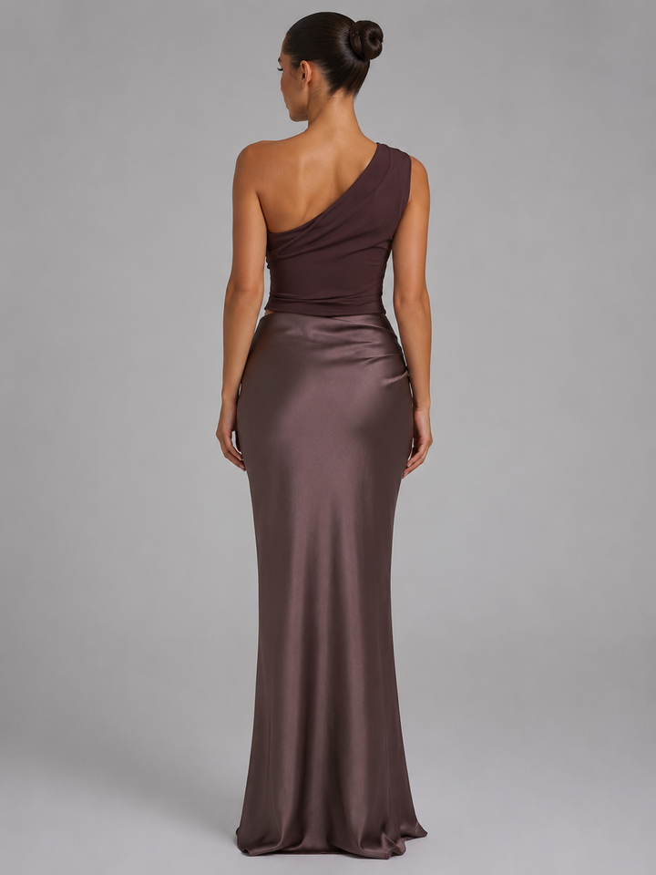 Genevieve | One-Shoulder Satin-Feel Maxi Wedding Guest Dress