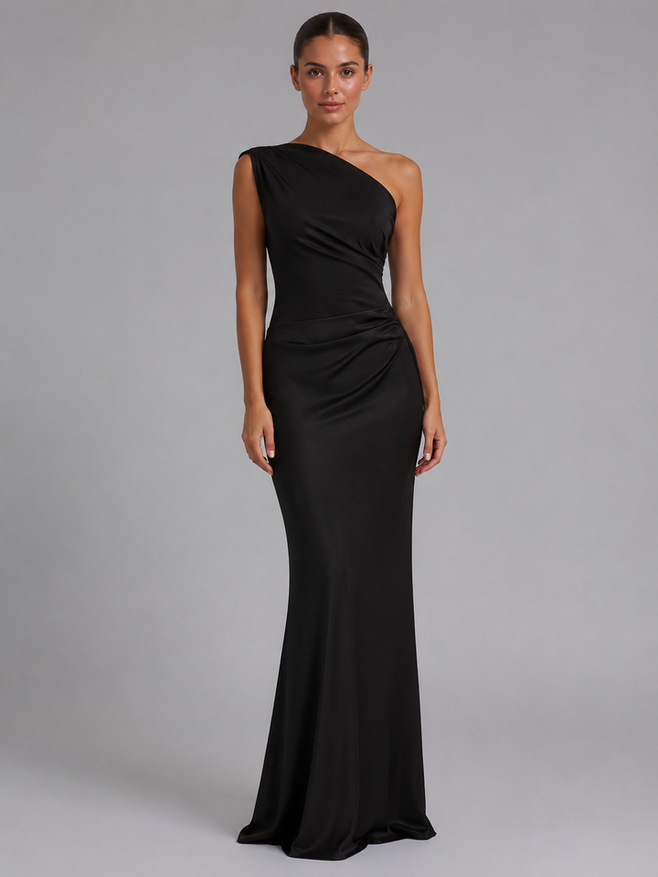 Genevieve | One-Shoulder Satin-Feel Maxi Wedding Guest Dress