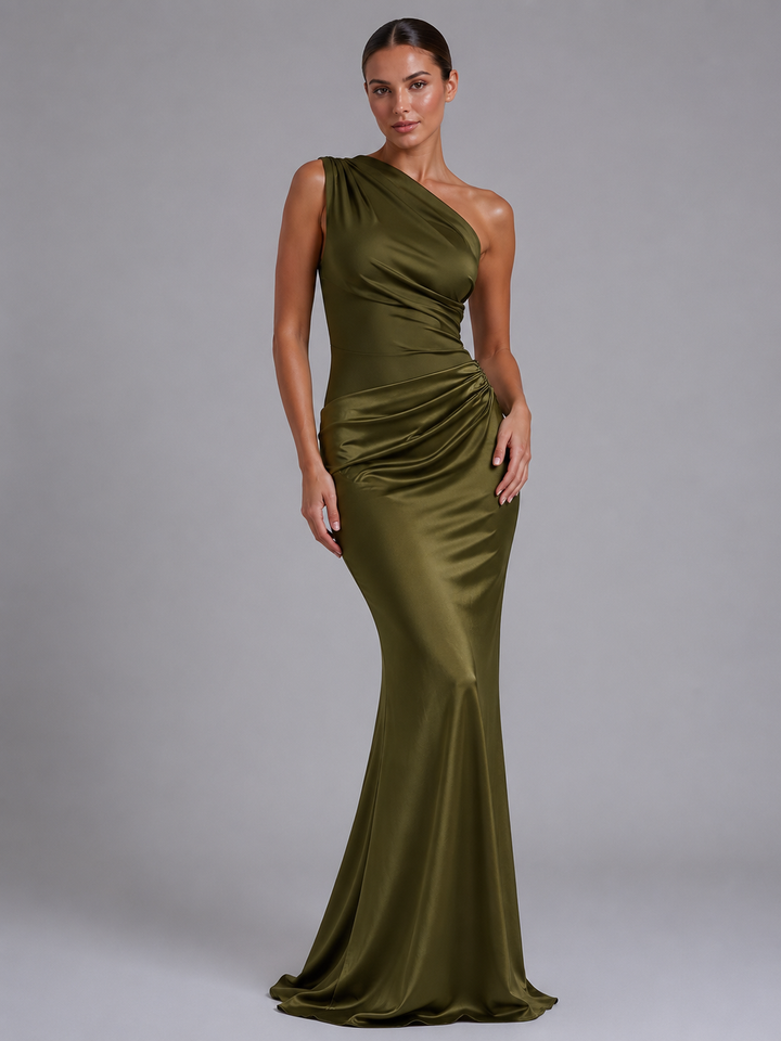 Genevieve | One-Shoulder Satin-Feel Maxi Wedding Guest Dress