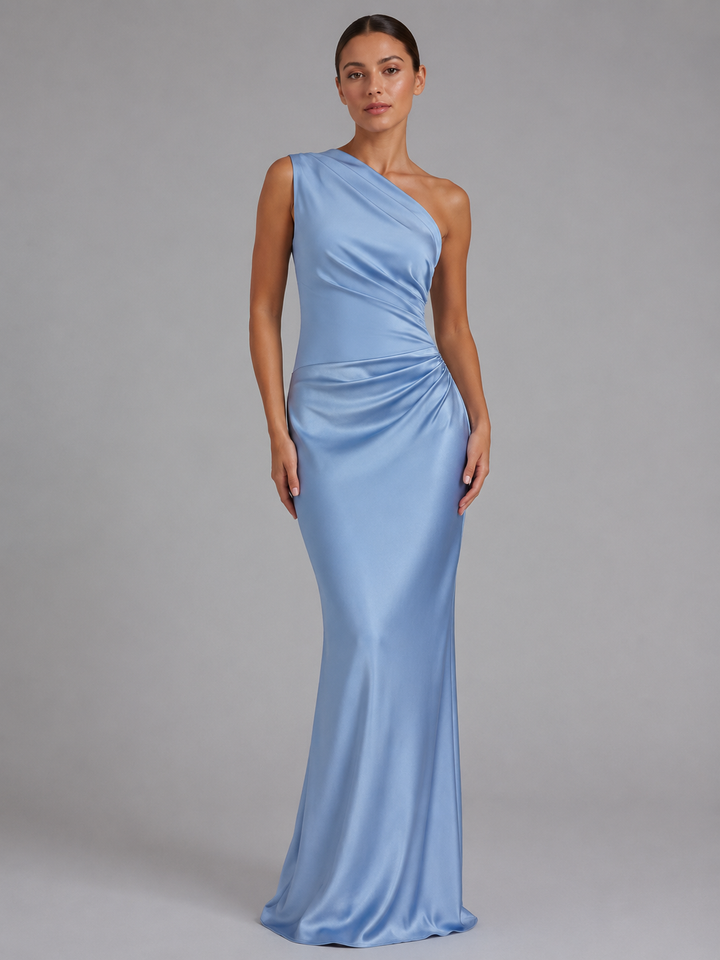 Genevieve | One-Shoulder Satin-Feel Maxi Wedding Guest Dress