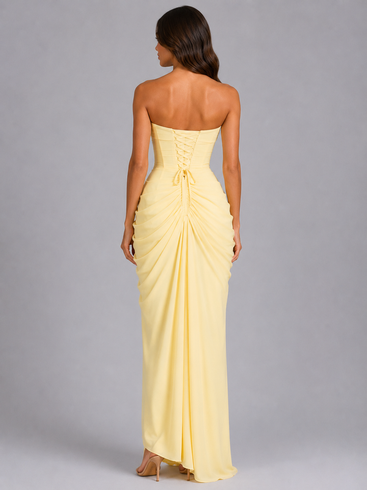 Delphine | Strapless Draped Maxi Wedding Guest Dress with Slit