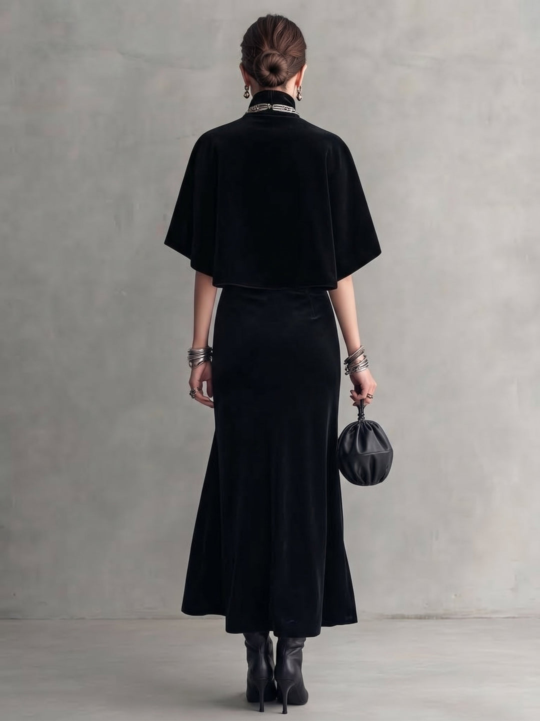 Adelina | Velvet Turtleneck Midi Dress with Cape